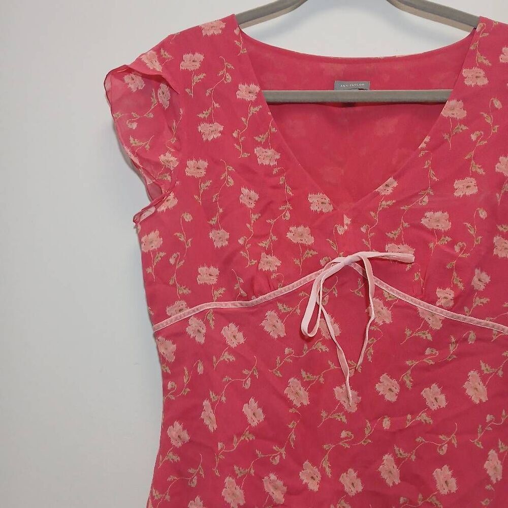 Y2k  ann Taylor large 100% silk blouse floral fudge pink top fairy boho ruffle - Picture 2 of 10